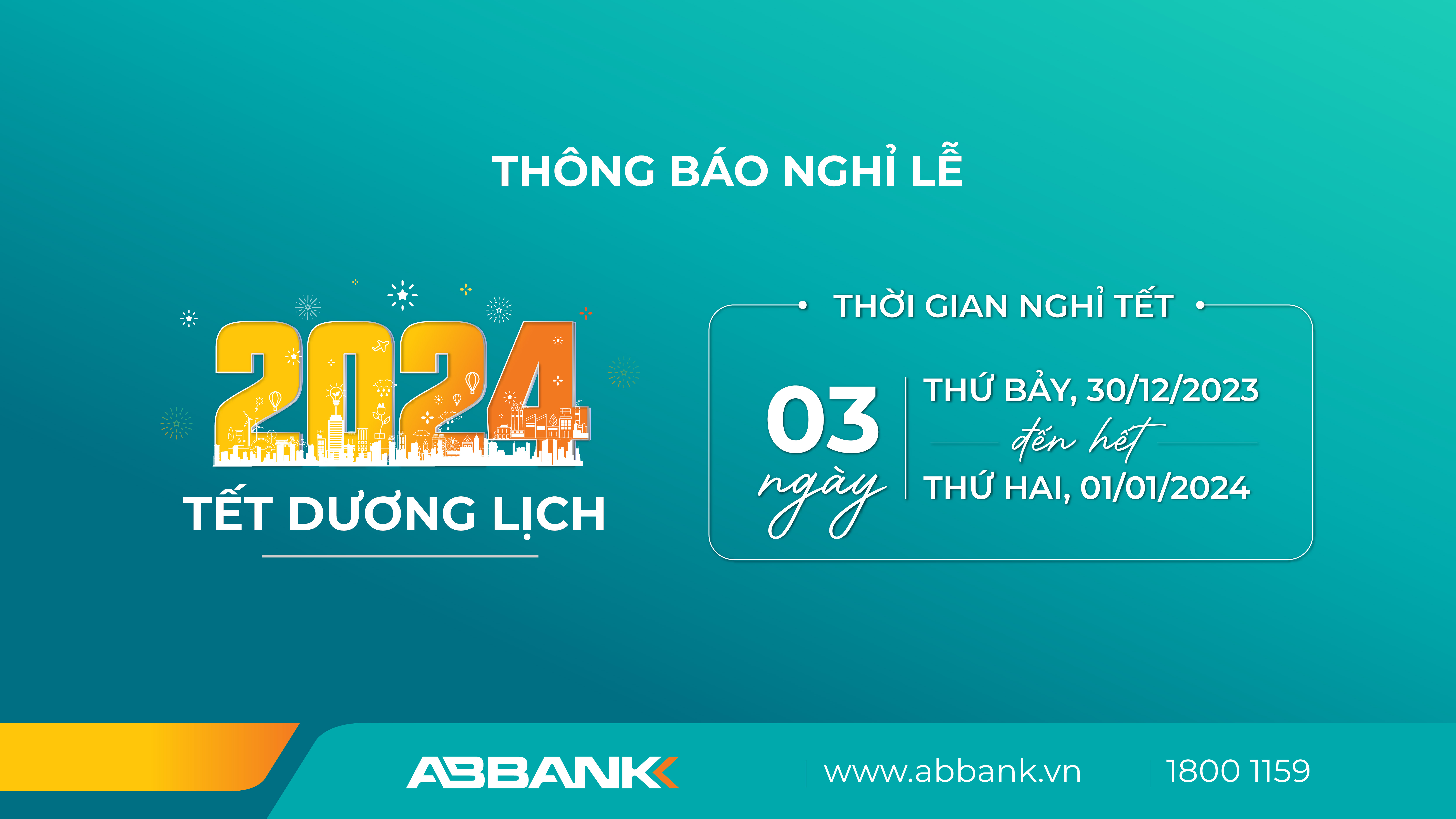 ABBANK THÔNG BÁO LỊCH NGHỈ TẾT DƯƠNG LỊCH 2024